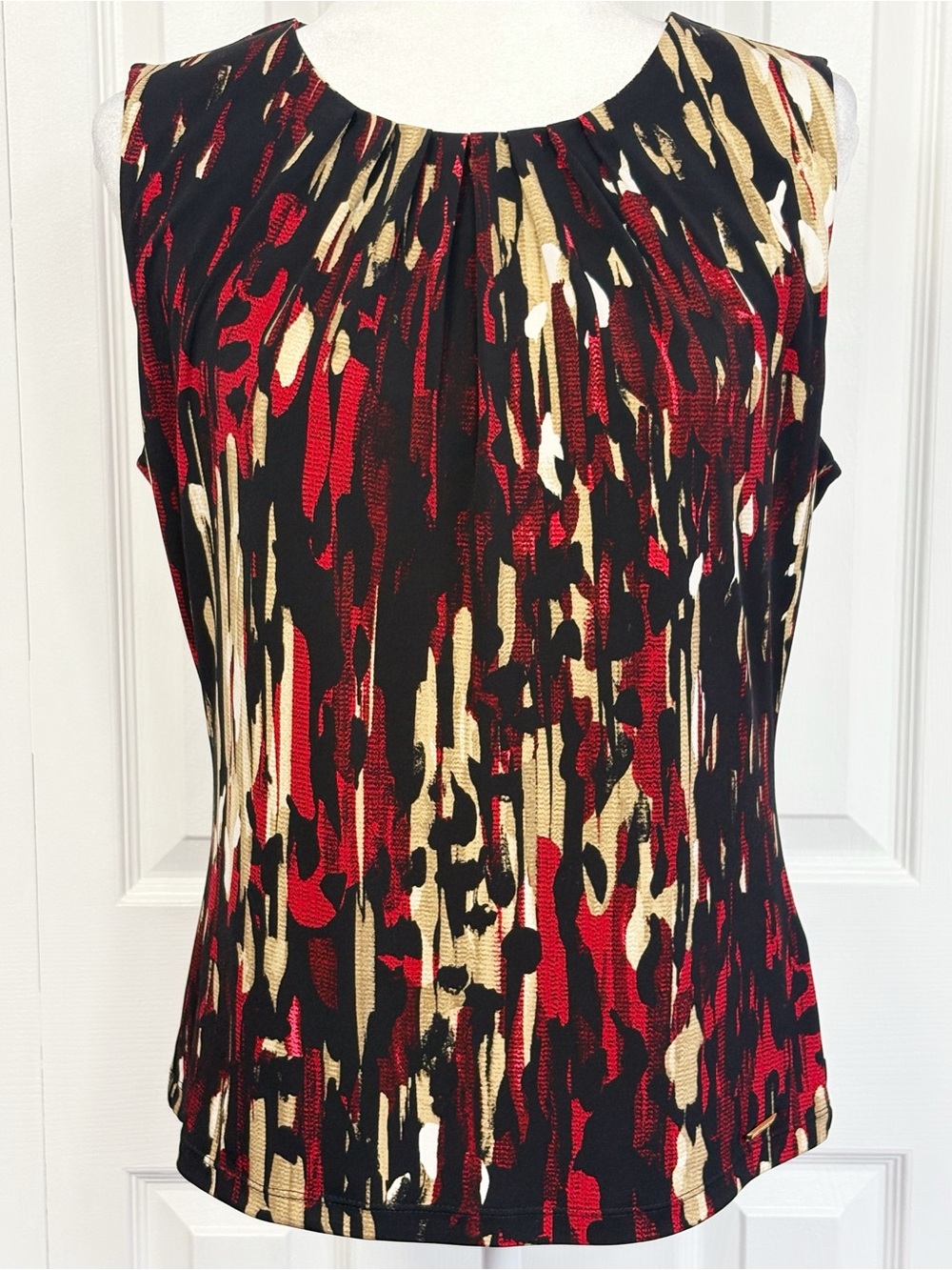Calvin Klein Red & Black Multi Print Stretch Sleeveless Tank Blouse Medium